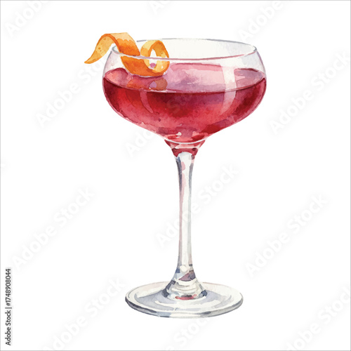 Watercolor Nick and Nora Glass Red Cocktail with Orange Twist on White Background
