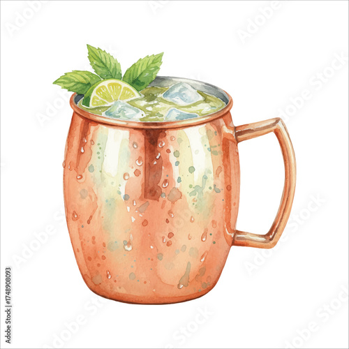 Watercolor Copper Mule Mug Moscow Mule Cocktail with Lime and Mint on White Background

