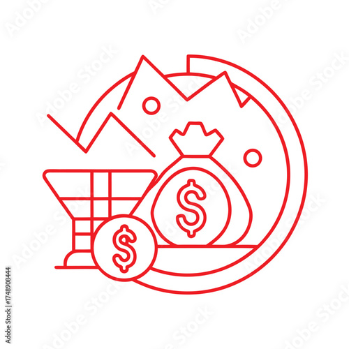 Red Line Art Icon of Falling Graph Money Bag and Coin with Dollar Signs chart decline