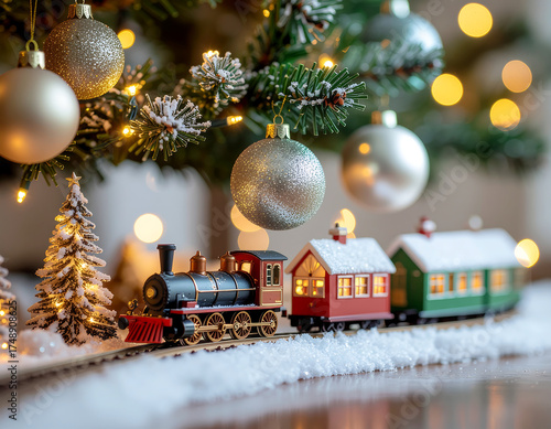 A miniature toy train travels along a track under a Christmas tree adorned with silver ornaments and glowing lights.