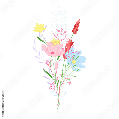 A delicate bouquet of colorful wildflowers in pink, yellow, blue, and red, tied with a thin ribbon.