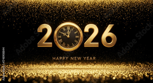 Happy New Year 2026 Midnight Countdown Celebration Background Golden Glitter Particles Luxury Design Template Shiny Gold Clock Ticking Time Elegant Greeting Card Poster Banner Horizontal Format