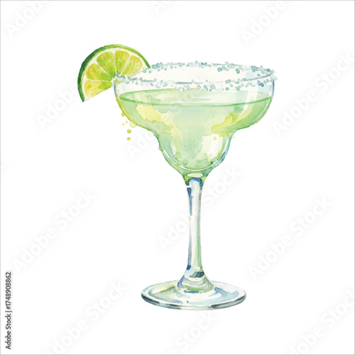 Watercolor Margarita Glass with Lime, Classic Green Cocktail on White Background
