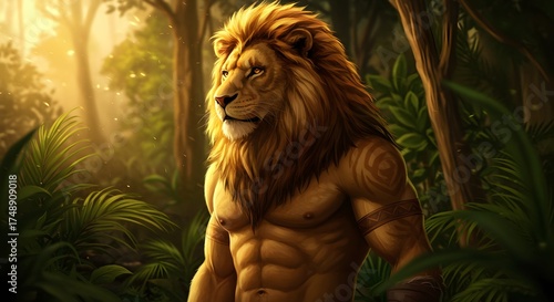 Majestic Lion Human Hybrid in Jungle Landscape with Sunlight