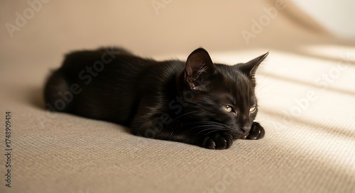 Relaxed Black Kitten Lounging on a Beige Surface.