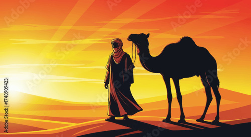 A silhouette of a lone traveler with a dromedary camel standing on a sand dune against a vibrant desert sunset.