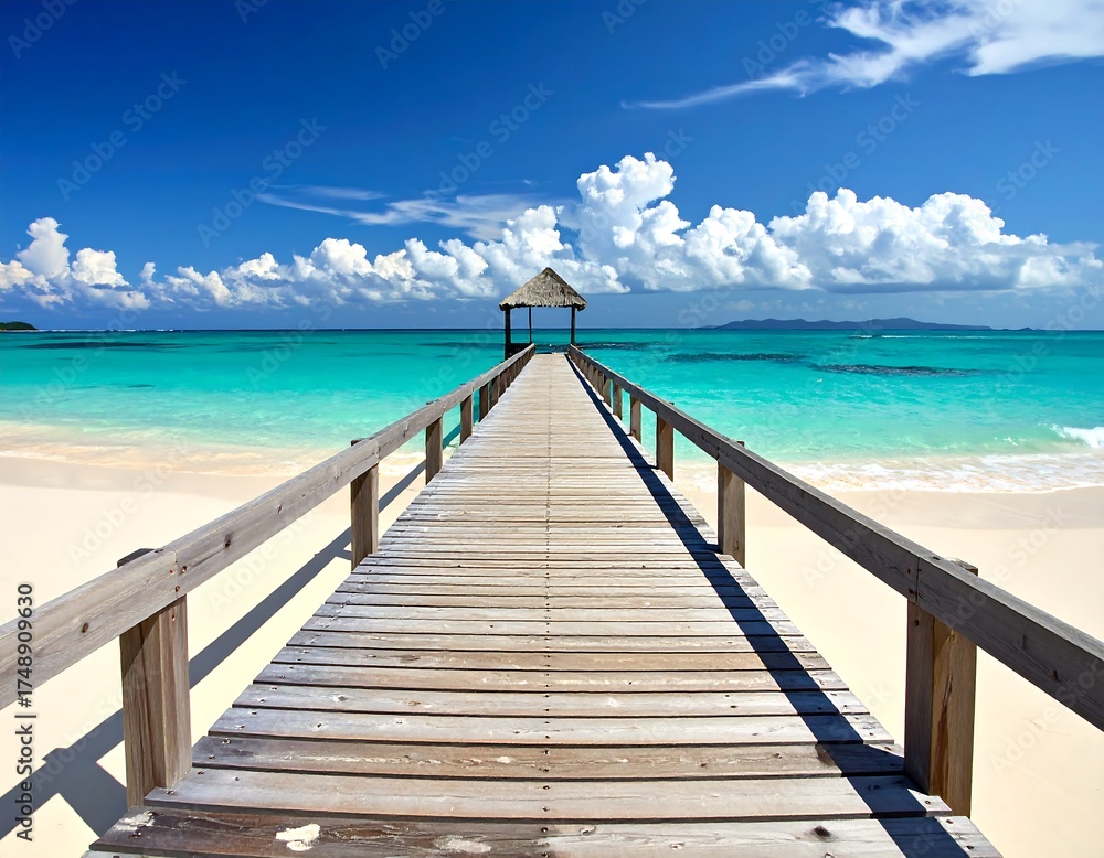 Fototapeta premium A tranquil wooden pier extends into a vibrant turquoise ocean, leading to a serene beach with white sand under a vibrant blue sky filled with fluffy clouds.