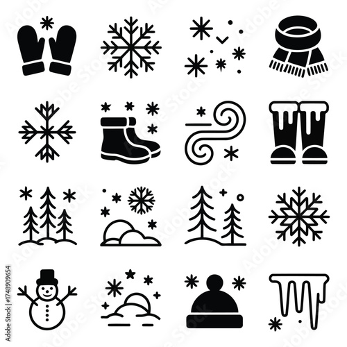 Winter icons set featuring snowflakes mittens snowman and trees