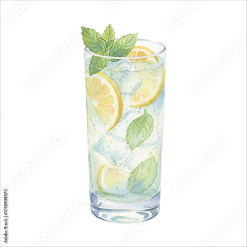 Watercolor Collins Glass Lemon Mint Cocktail Illustration on White Background
