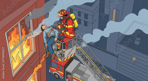 A firefighter on an aerial ladder rescues an unconscious man from a burning apartment building at night.