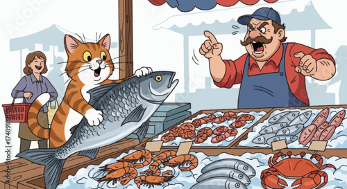 A cartoon ginger cat steals a large fish from an angry fishmonger at an outdoor market stall.