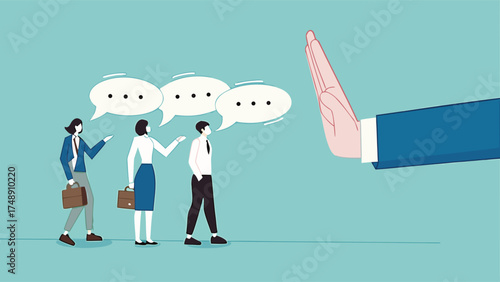 rejection in business, say no or disapprove, work conflict, decline or refuse in conversation, deny request, statement of disagreement, businessman hand reject or employee request or opinion

