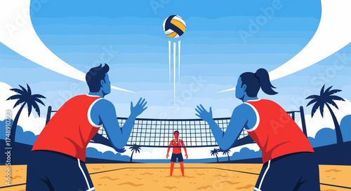 Beach Volleyball Game Two Players Ready to Hit the Ball.