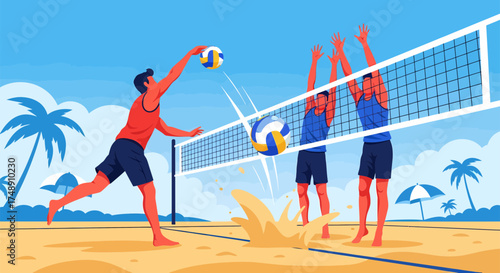 Beach Volleyball Game Players Spiking and Blocking the Ball.