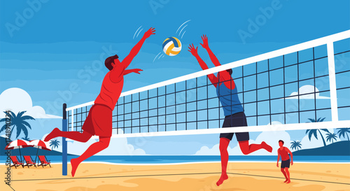 Beach Volleyball Match Players Spiking and Blocking the Ball.