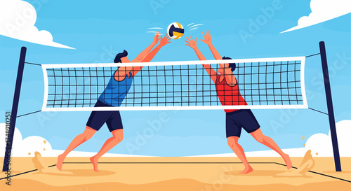 Beach Volleyball Match Two Players Competing at the Net.