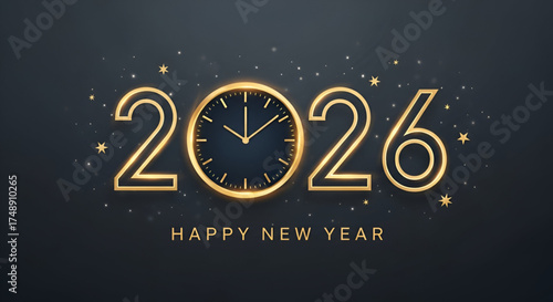 Happy New Year 2026 Midnight Countdown Celebration Background Elegant Gold Numbers Luxury Design Template Shiny Golden Clock Ticking Time Modern Greeting Card Poster Banner Minimalist Dark Gray Backdr