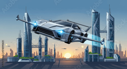 A futuristic silver flying car with glowing blue headlights soars over a modern city skyline at sunrise.