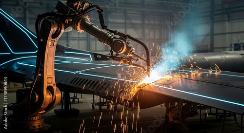 Robotic Arm Welding Metal Structure in Industrial Manufacturing Process.