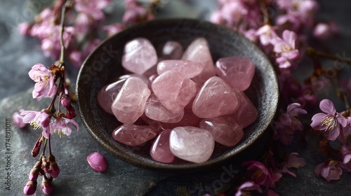 rose quartz gemstones in a dark bowl