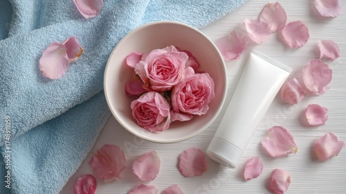 Pink rose in bowl with lotion and petals