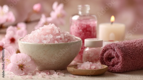 Pink sea salt and spa items on a table,