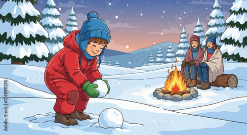 A child in a red snowsuit makes a snowball while a couple warms up by a campfire in a snowy winter forest.