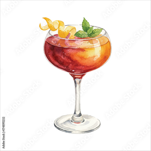 Watercolor Vintage Coupe Glass Cocktail with Orange Peel and Mint, Artistic Drink Illustration on White Background
