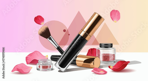 A collection of makeup products including mascara and a brush, surrounded by pink rose petals on a geometric background.