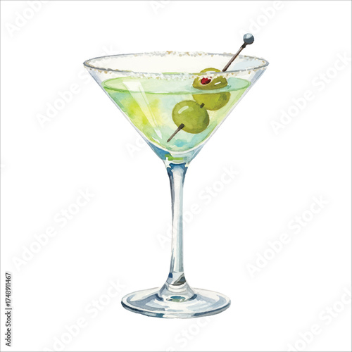 Watercolor Martini Glass with Green Olives, Classic Cocktail Illustration on White Background

