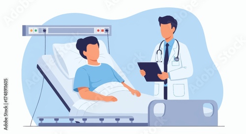 Male doctor with a clipboard and stethoscope consulting a patient resting in a hospital bed.