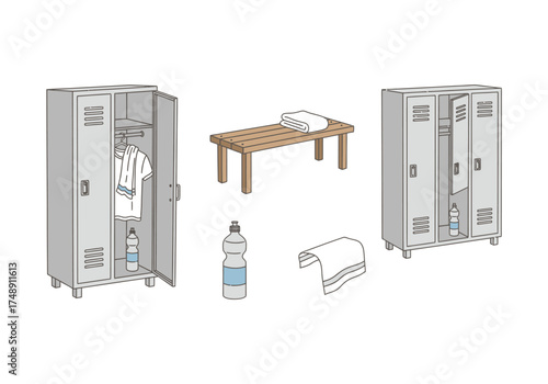 Locker Room Essentials with Open and Closed Lockers, Bench, Towel, and Water Bottle