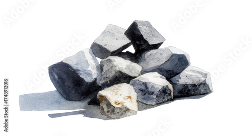 
Watercolor painting of gray rocks in a simple, minimalist style on a white background with margins. 