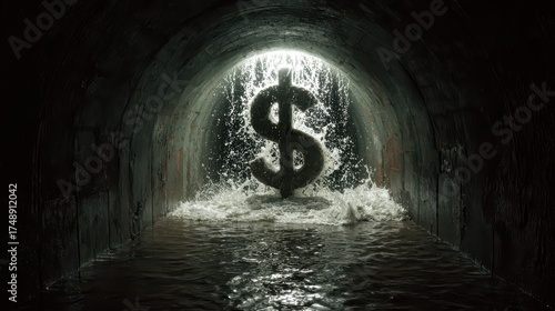 Beautiful photo of dollar sign is seen in a dark, wet tunnel with water splashing, symbolizing money going down the drain.