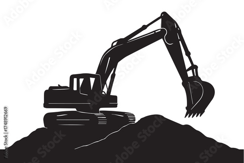 Monochrome vector silhouette featuring a powerful excavator transporting soil to a pile, symbolizing heavy machinery action on a construction project area.