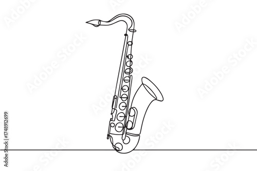 Vector one line drawing of a saxophone musical instrument, created in minimalist black and white style with elegant continuous black outline design.