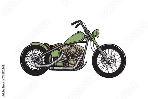 A detailed vector artwork showing a stylish chopper bike in green and black colors, representing power, adventure, and classic motorcycle aesthetics.