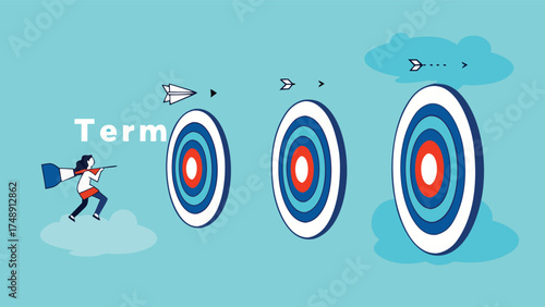 step to reach success or achievement, Short term, mid-term and long term goals, stages to achieve greater success, businessman riding dart arrow to short, medium and long term success target

