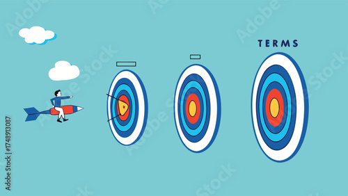 step to reach success or achievement, Short term, mid-term and long term goals, stages to achieve greater success, businessman riding dart arrow to short, medium and long term success target

