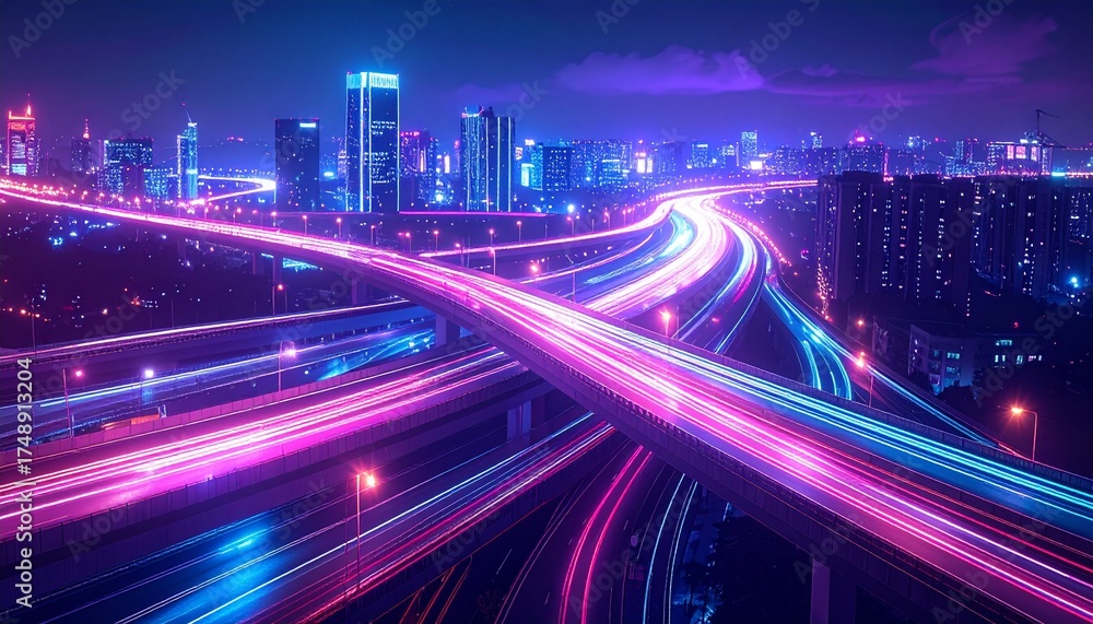 Fototapeta premium Complex highway interchange with colorful light trails, futuristic design style, night urban background, concept of modern transport infrastructure.