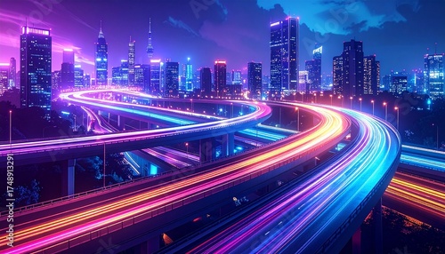 Complex highway interchange with colorful light trails, futuristic design style, night urban background, concept of modern transport infrastructure.