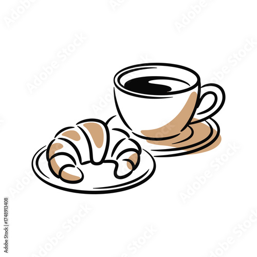 Coffee and Croissant Sketch a Delicious Breakfast Treat Illustration Style