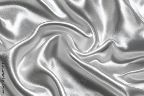 Crumpled silver foil with shimmering highlights on smooth white metallic background