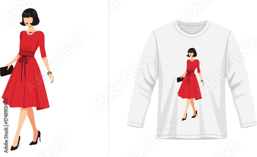 Illustration of a woman in a red dress next to a long sleeve shirt with the same illustration