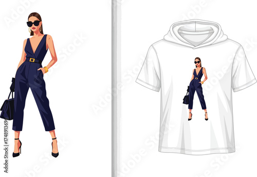 Woman in jumpsuit design printed on a white hoodie short sleeve shirt fashion apparel presentation