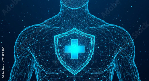 Digital wireframe hands interacting with glowing biological cells, a futuristic concept of scientific research, medicine, and biotechnology