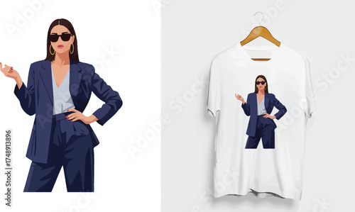 Illustration of woman in blue suit and sunglasses with t shirt mockup on a hanger isolated