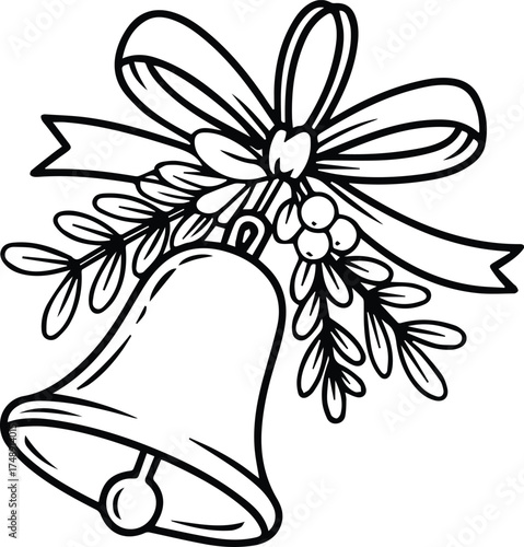 Christmas Bell with Bow and Mistletoe Drawing. Festive Holiday Outline Illustration.