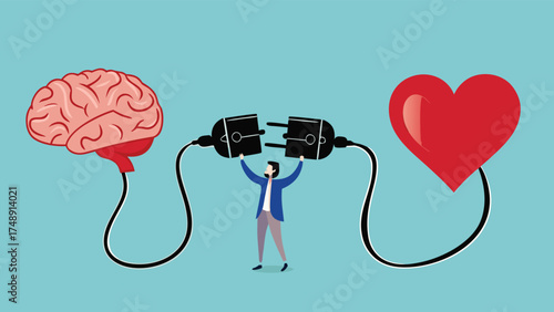 heart and brain connection, align your heart and brain, control feeling and emotion with logical thinking brain, man connect plug with heart to brain concept vector illustration with flat style design