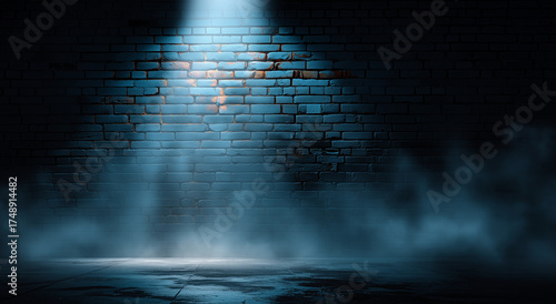 Dark Blue Brick Wall Illuminated by Glowing smokey Light, Black brick wall, vibrant blue neon glow Night urban texture , backdrop, industrial